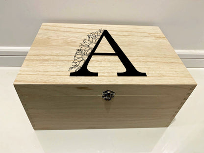 Large Personalised Engraved Floral Wooden Initial Keepsake Memory Box with Sunflowers - Resplendent Aurora