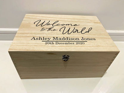 Large Personalised Engraved Wooden Baby Keepsake Memory Box, Welcome to the World - Resplendent Aurora