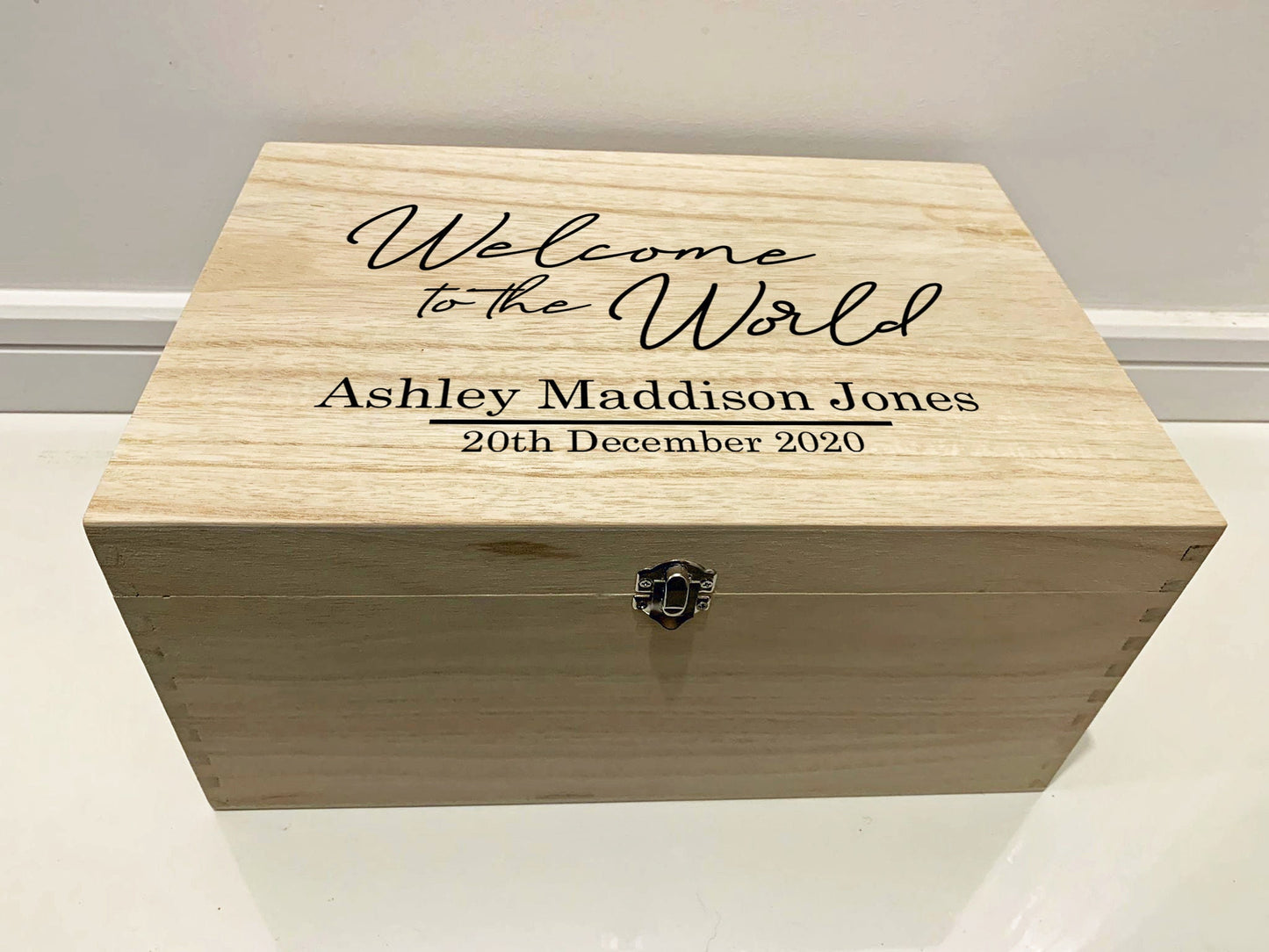 Large Personalised Engraved Wooden Baby Keepsake Memory Box, Welcome to the World - Resplendent Aurora