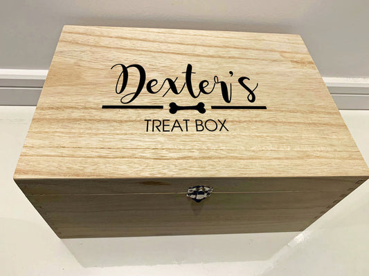 Large Personalised Engraved Wooden Keepsake Memory Box, Pet Dog Treat, Toy Box with Dog Bone - Resplendent Aurora