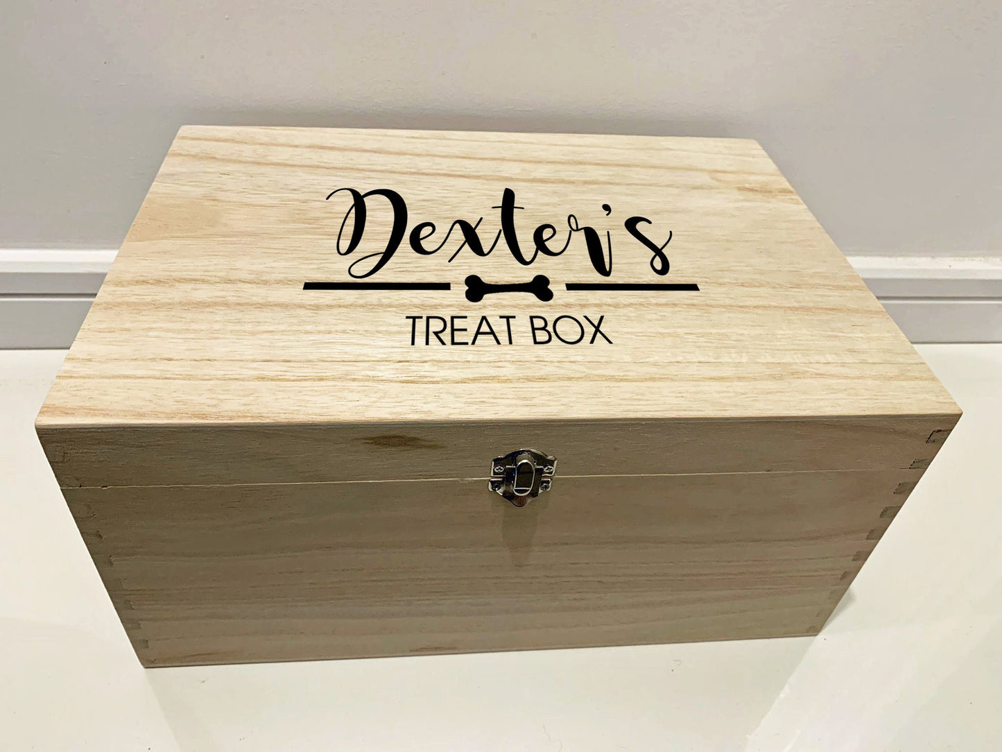 Resplendent Aurora | Large Personalised Engraved Wooden Keepsake Memory Box, Pet Dog Treat, Toy Box with Dog Bone