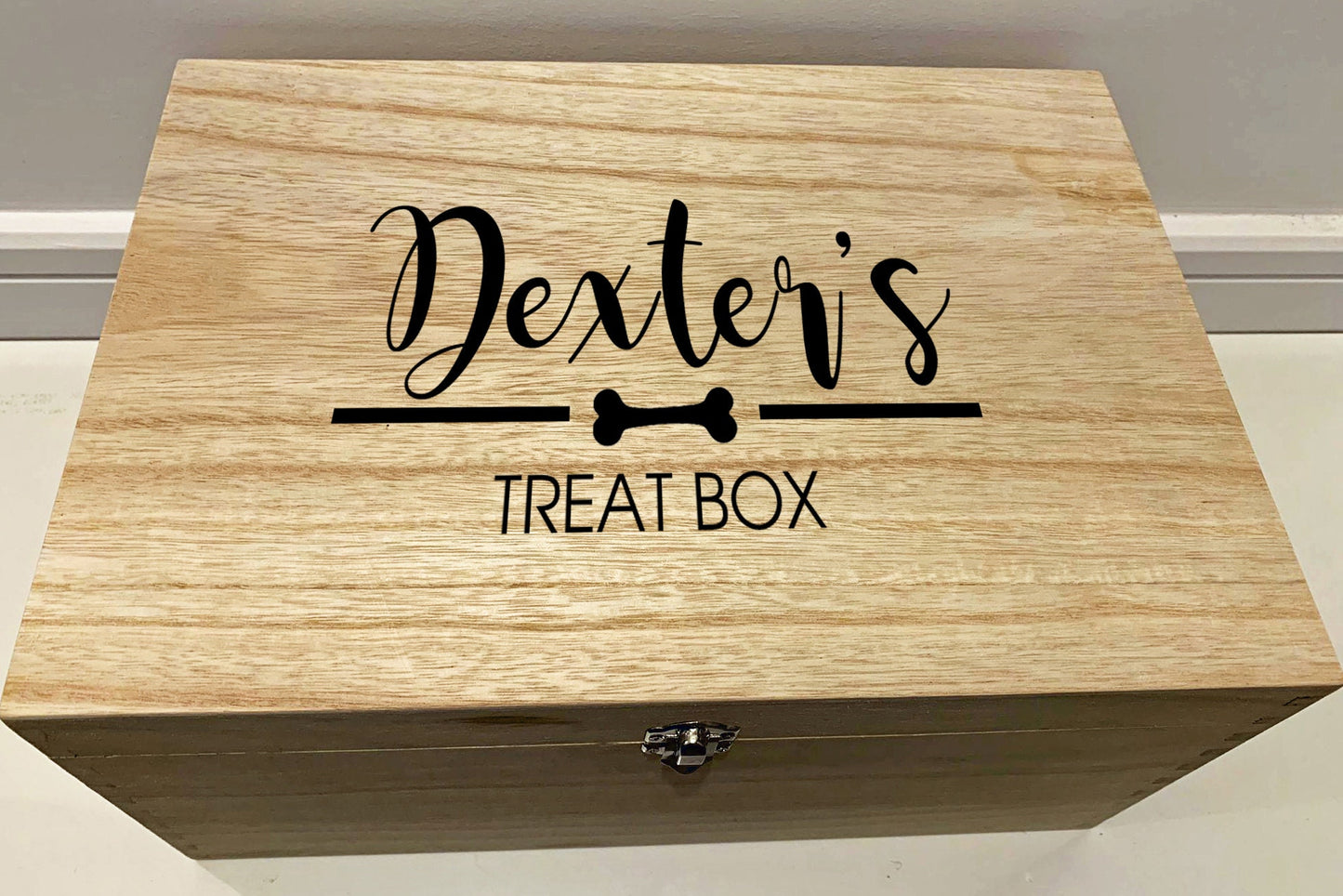 Large Personalised Engraved Wooden Keepsake Memory Box, Pet Dog Treat, Toy Box with Dog Bone - Resplendent Aurora