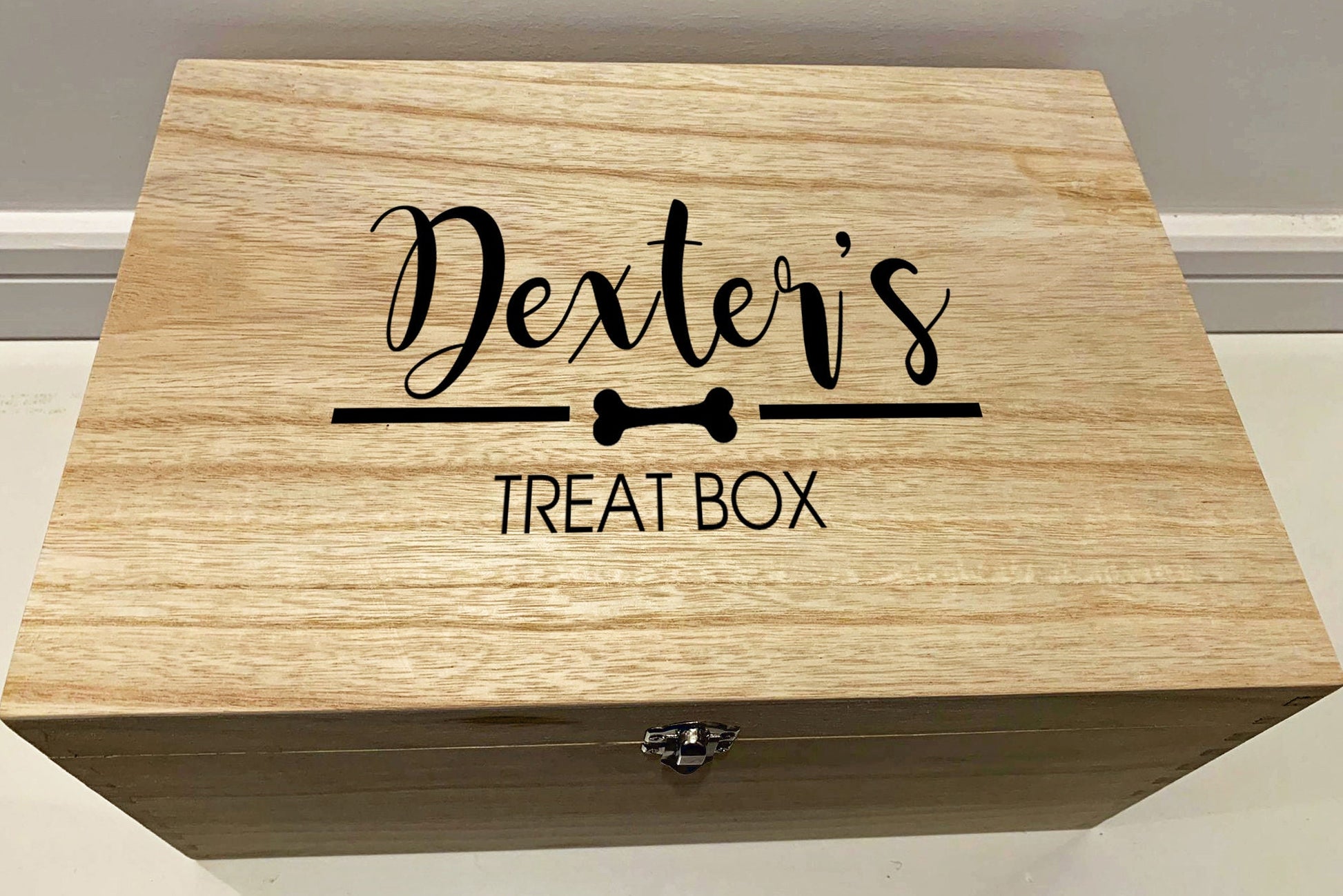 Resplendent Aurora | Large Personalised Engraved Wooden Keepsake Memory Box, Pet Dog Treat, Toy Box with Dog Bone