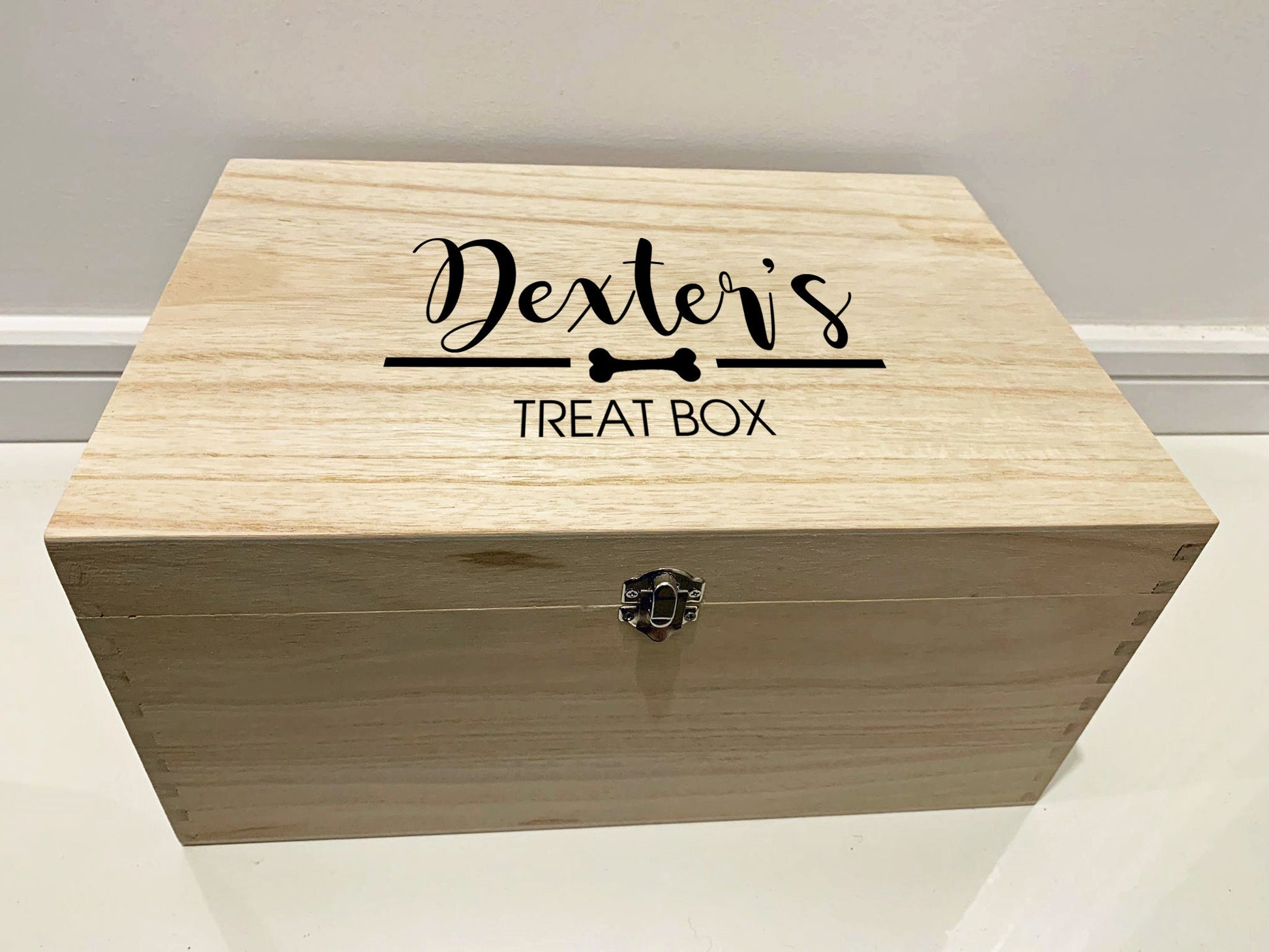 Large Personalised Engraved Wooden Pet Dog Treat Toy Box with Dog Bone - Resplendent Aurora