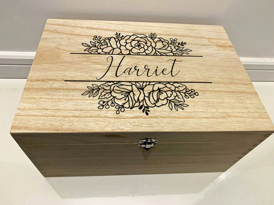 Large Personalised Engraved Floral Wooden Name Keepsake Memory Box with Roses - Resplendent Aurora