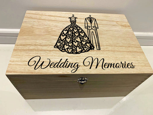 Large Personalised Engraved Wooden Wedding Memories Keepsake Memory Box with Dress and Suit - Resplendent Aurora
