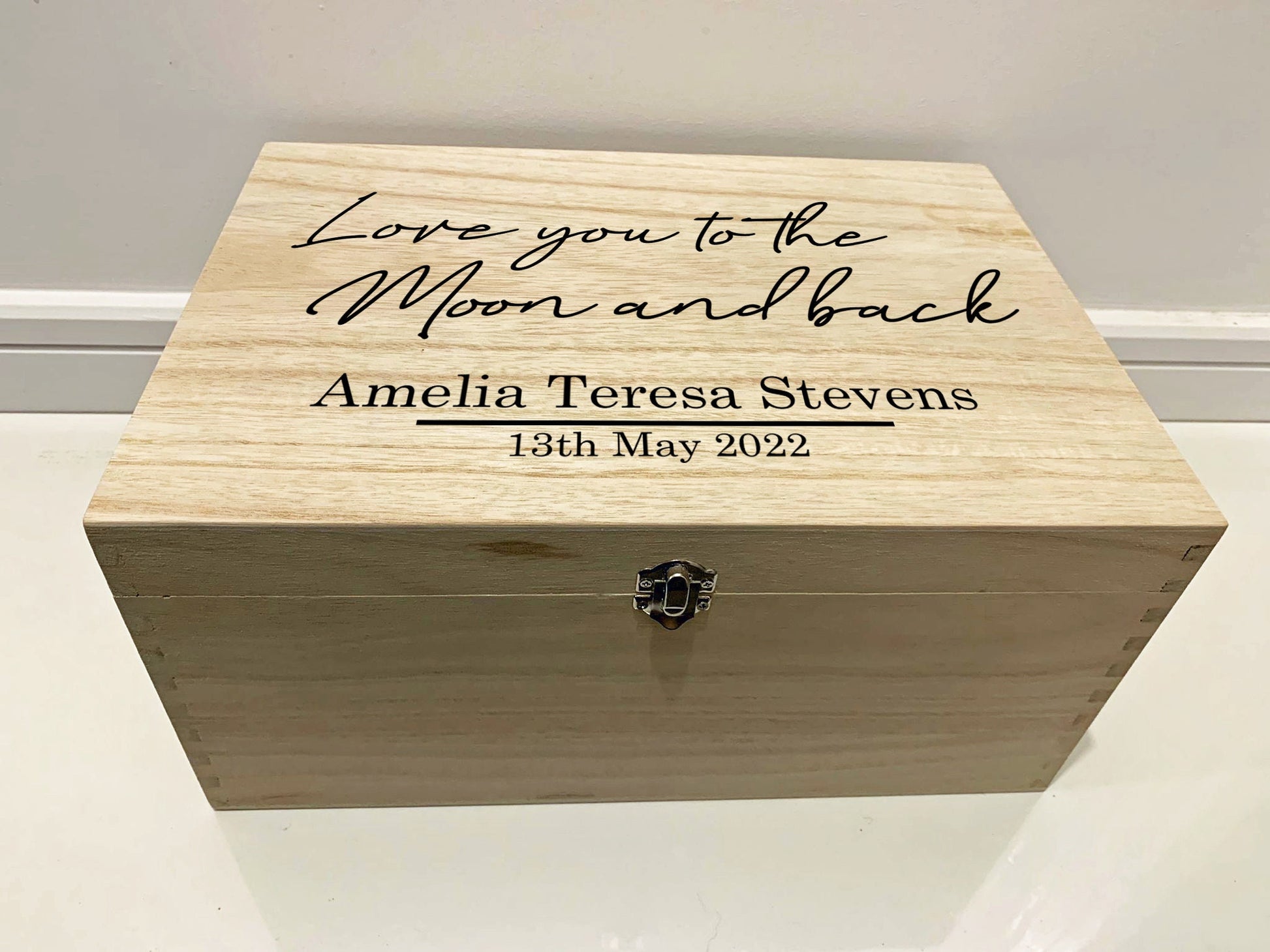 Large Personalised Engraved Wooden Baby Keepsake Memory Box, Love you to the Moon and back - Resplendent Aurora