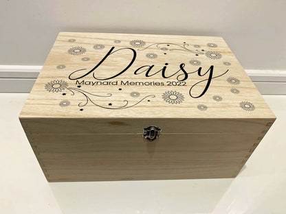 Large Personalised Engraved Wooden Baby Keepsake Memory Box with Daisies and Stars - Resplendent Aurora