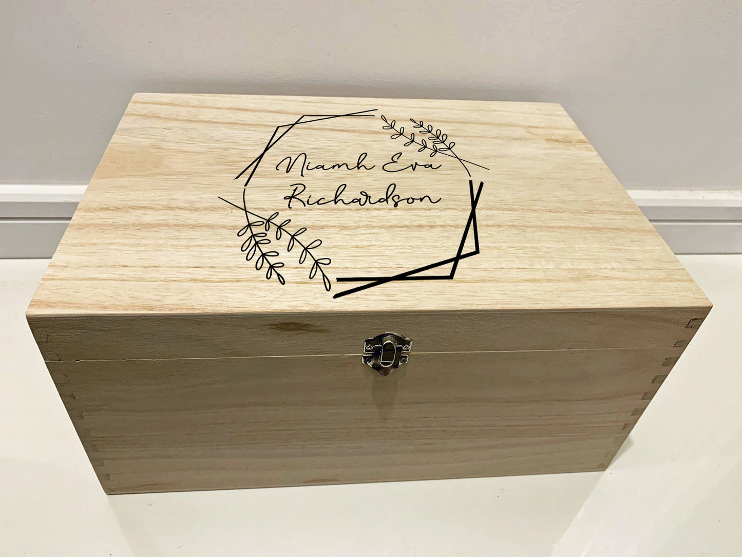 Large Personalised Engraved Wooden Baby Keepsake Memory Box with Hexagon and Flowers - Resplendent Aurora