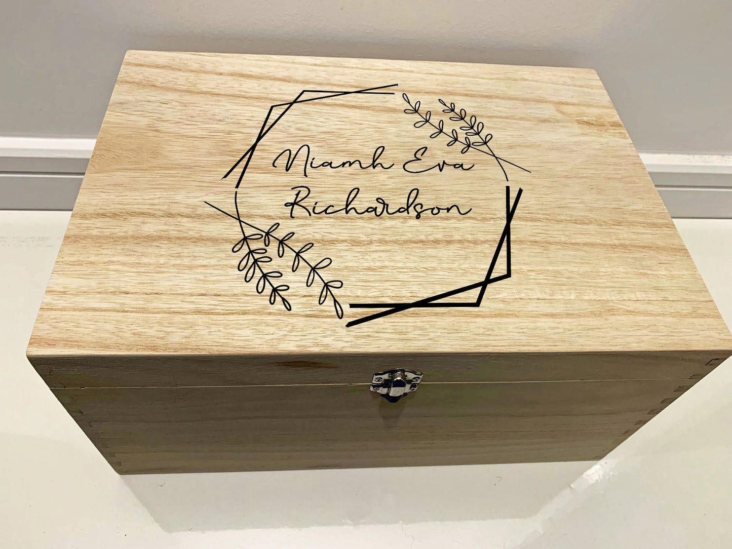 Large Personalised Engraved Wooden Baby Keepsake Memory Box with Hexagon and Flowers - Resplendent Aurora