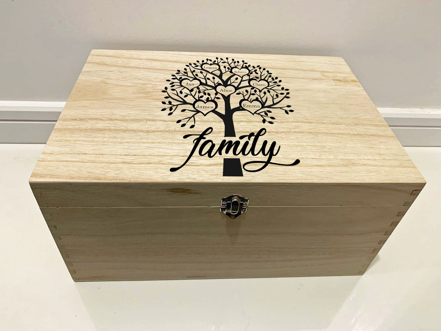 Large Personalised Engraved Wooden Family Tree Keepsake Memory Box - Resplendent Aurora