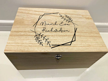 Large Personalised Engraved Wooden Baby Keepsake Memory Box with Hexagon and Flowers - Resplendent Aurora