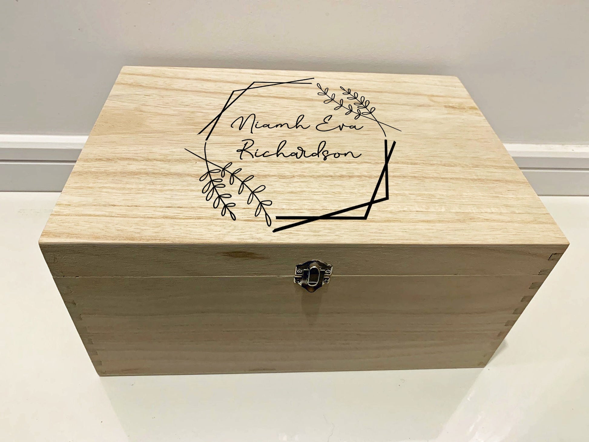 Large Personalised Engraved Wooden Baby Keepsake Memory Box with Hexagon and Flowers - Resplendent Aurora