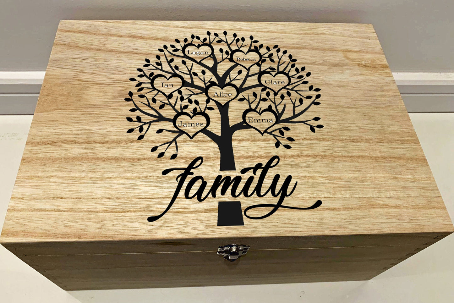 Large Personalised Engraved Wooden Family Tree Keepsake Memory Box - Resplendent Aurora
