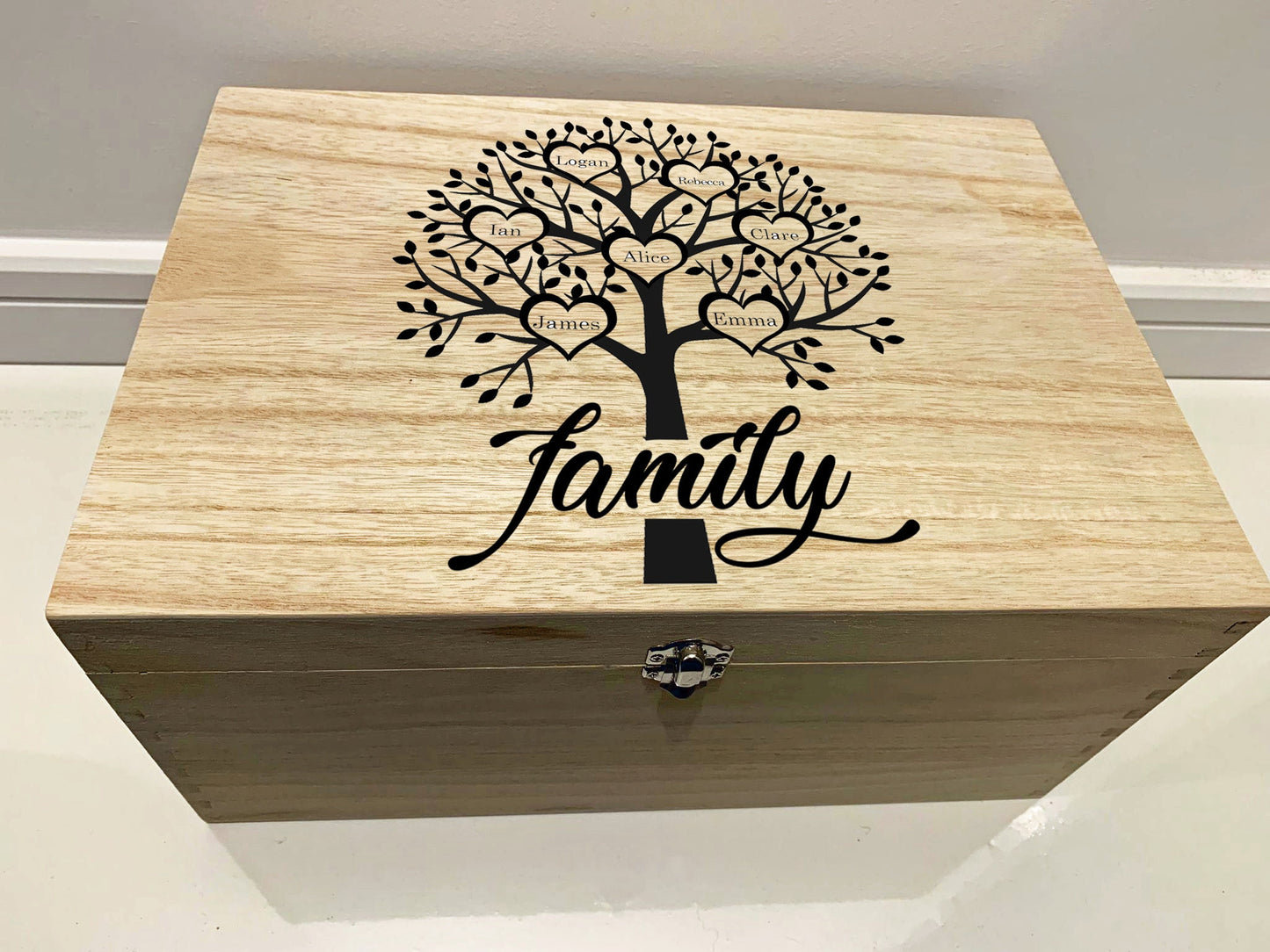 Large Personalised Engraved Wooden Family Tree Keepsake Memory Box - Resplendent Aurora