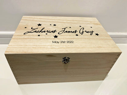 Large Personalised Engraved Wooden Baby Keepsake Memory Box with Stars - Resplendent Aurora