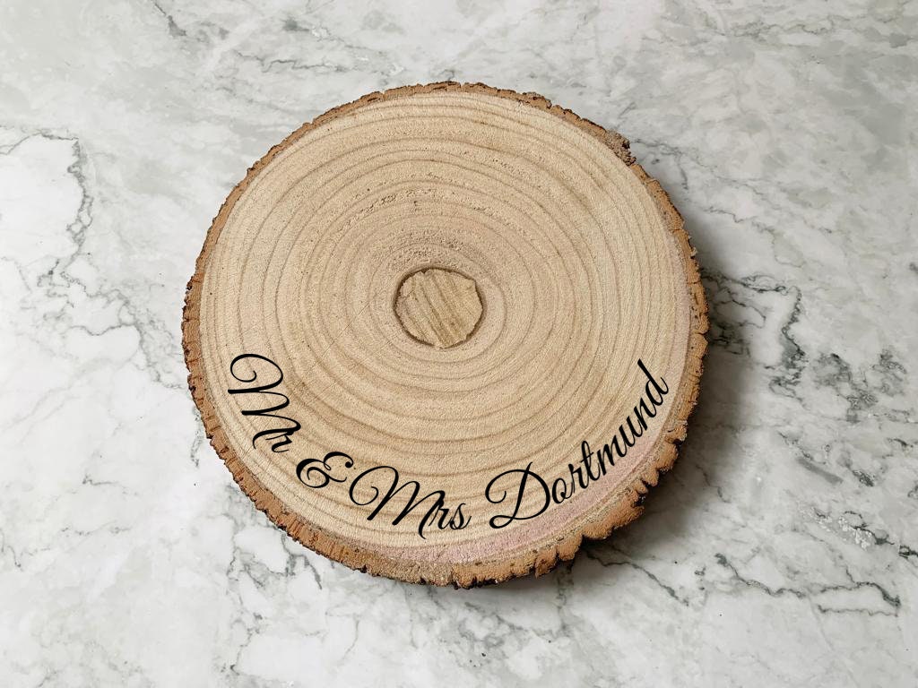 Personalised Engraved Wood Slice, Wedding Cake Display Board - Resplendent Aurora