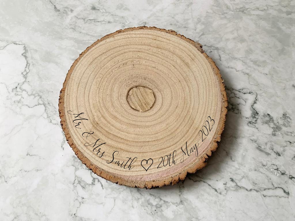 Personalised Engraved Wood Slice, Wedding Cake Display Board with Heart - Resplendent Aurora