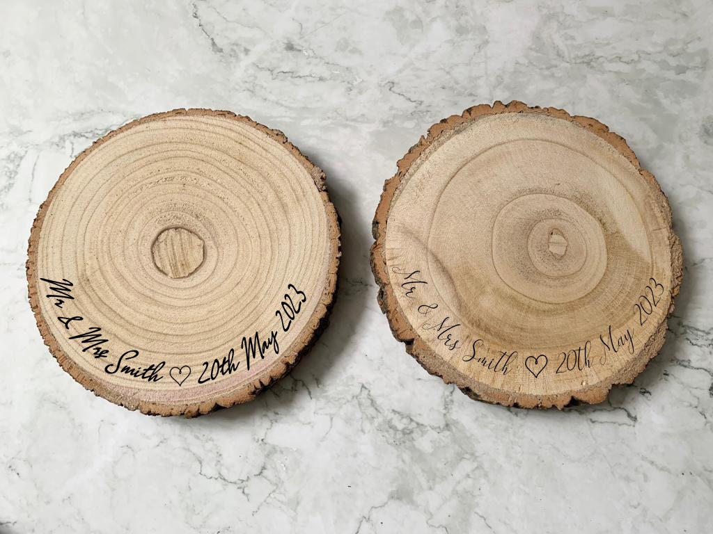 Personalised Engraved Wood Slice, Wedding Cake Display Board with Heart - Resplendent Aurora