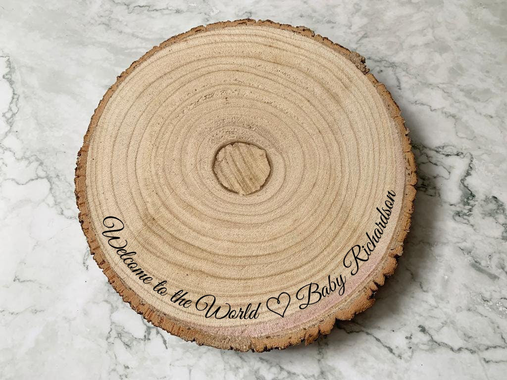 Personalised Engraved Wood Slice, Welcome to the World, Baby Shower Cake Display Board - Resplendent Aurora