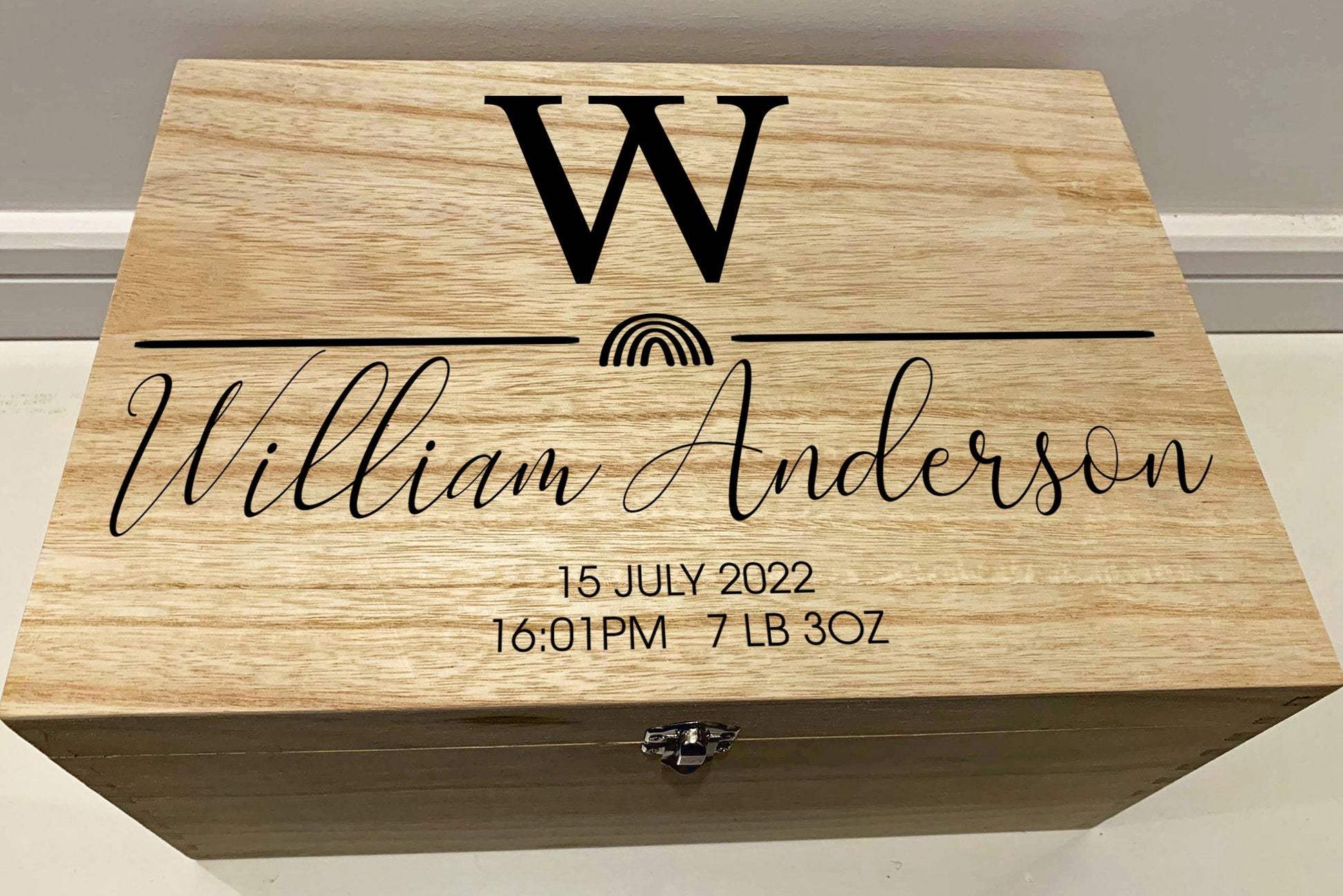 Large Personalised Engraved Wooden Baby Initial Keepsake Memory Box with Rainbow - Resplendent Aurora