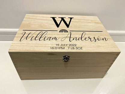 Large Personalised Engraved Wooden Baby Initial Keepsake Memory Box with Rainbow - Resplendent Aurora