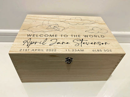 Large Personalised Engraved Wooden Baby Keepsake Memory Box, Baby Bear in the Clouds, Welcome to the World - Resplendent Aurora