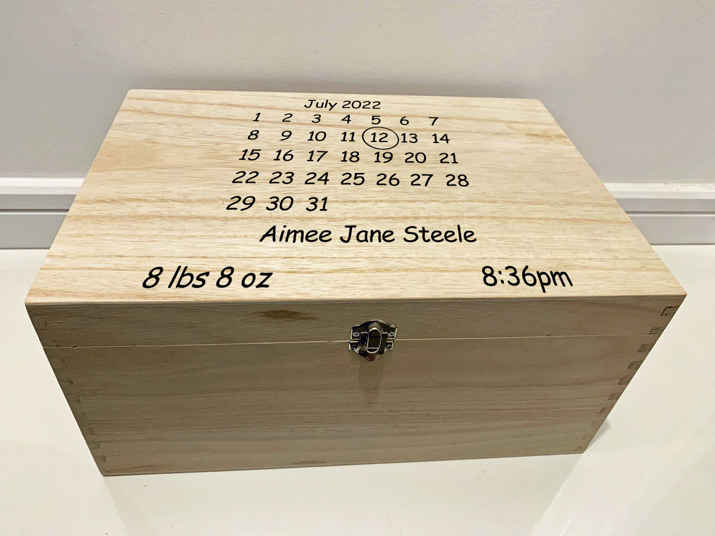 Large Personalised Engraved Wooden Baby Calendar Keepsake Memory Box - Resplendent Aurora