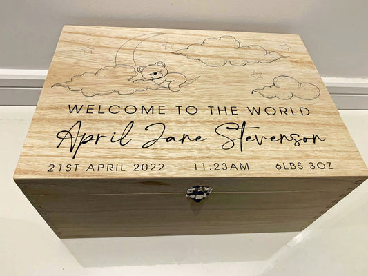 Large Personalised Engraved Wooden Baby Keepsake Memory Box, Baby Bear in the Clouds, Welcome to the World - Resplendent Aurora