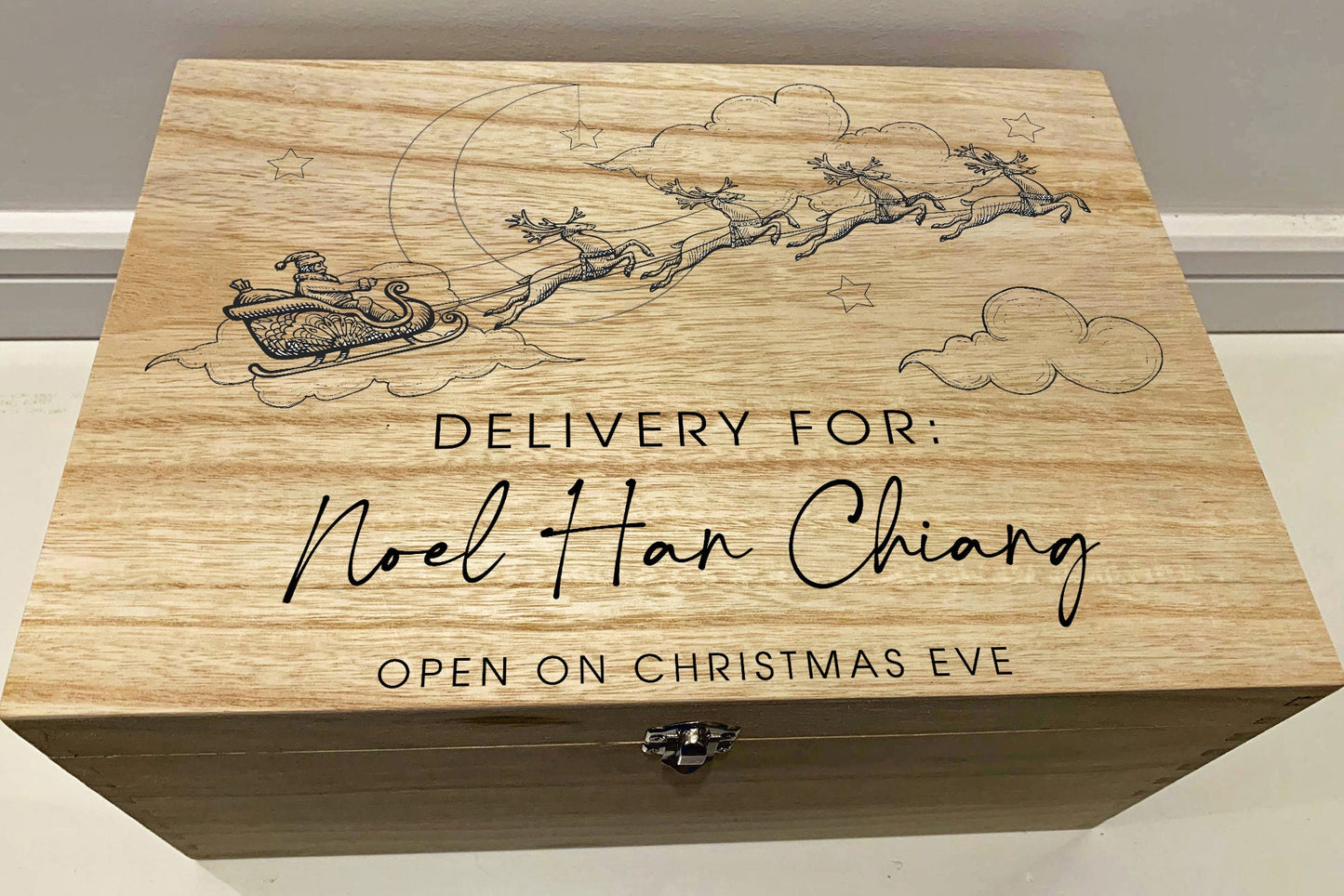 Large Personalised Engraved Wooden Christmas Eve Gift Box, Keepsake Memory Box with Santa and Reindeer - Resplendent Aurora