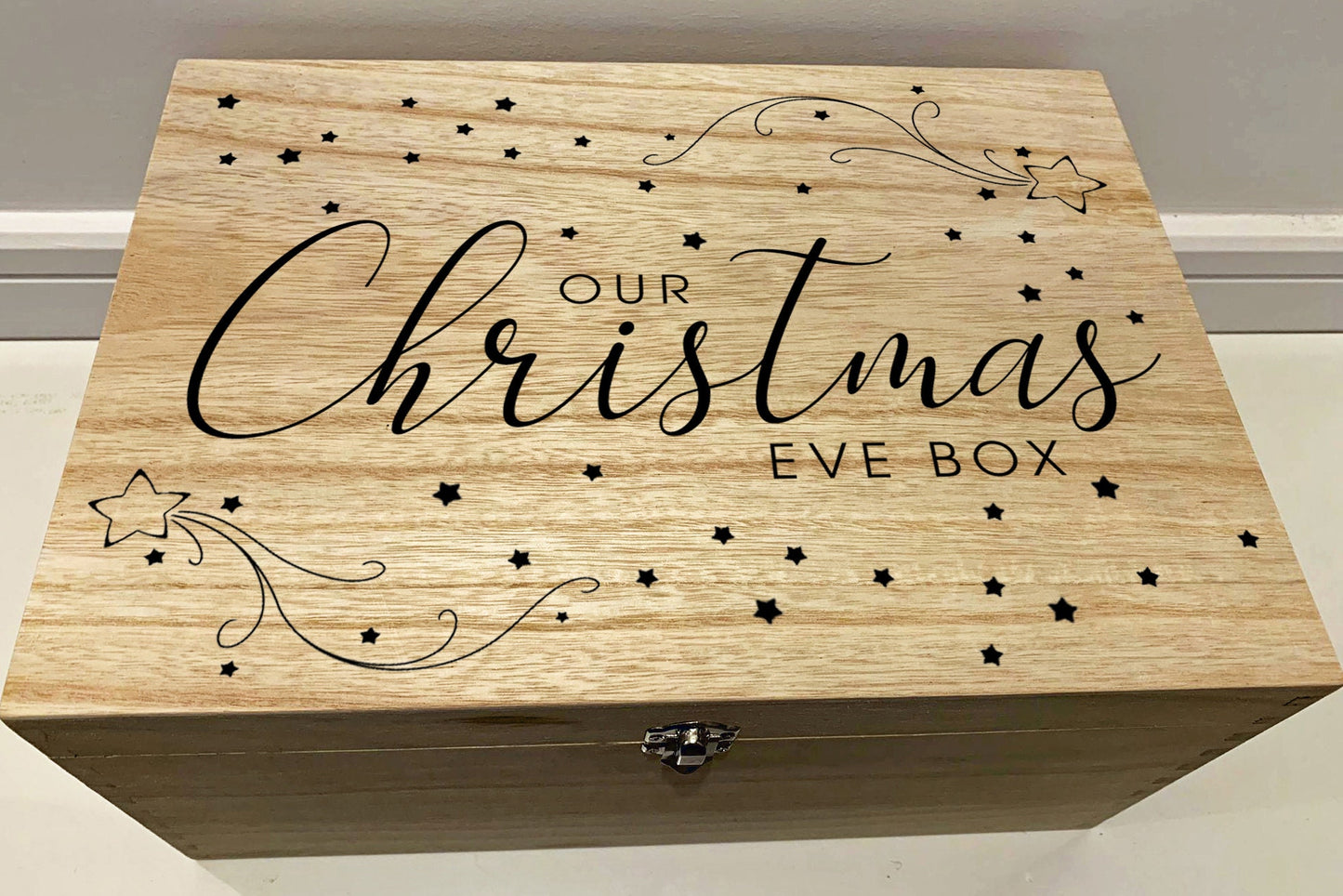 Large Personalised Engraved Wooden Christmas Eve Gift Box, Keepsake Box with Shooting Stars - Resplendent Aurora