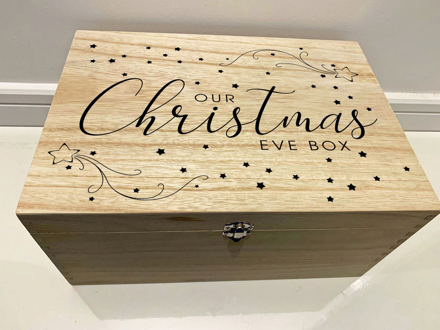 Large Personalised Engraved Wooden Christmas Eve Gift Box, Keepsake Memory Box with Shooting Stars - Resplendent Aurora