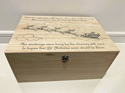 Large Personalised Engraved Wooden Christmas Eve Gift Box, Keepsake Memory Box with Santa's Sleigh, Twas the Night before Christmas - Resplendent Aurora