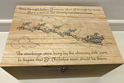 Large Personalised Engraved Wooden Christmas Eve Gift Box, Keepsake Memory Box with Santa's Sleigh, Twas the Night before Christmas - Resplendent Aurora