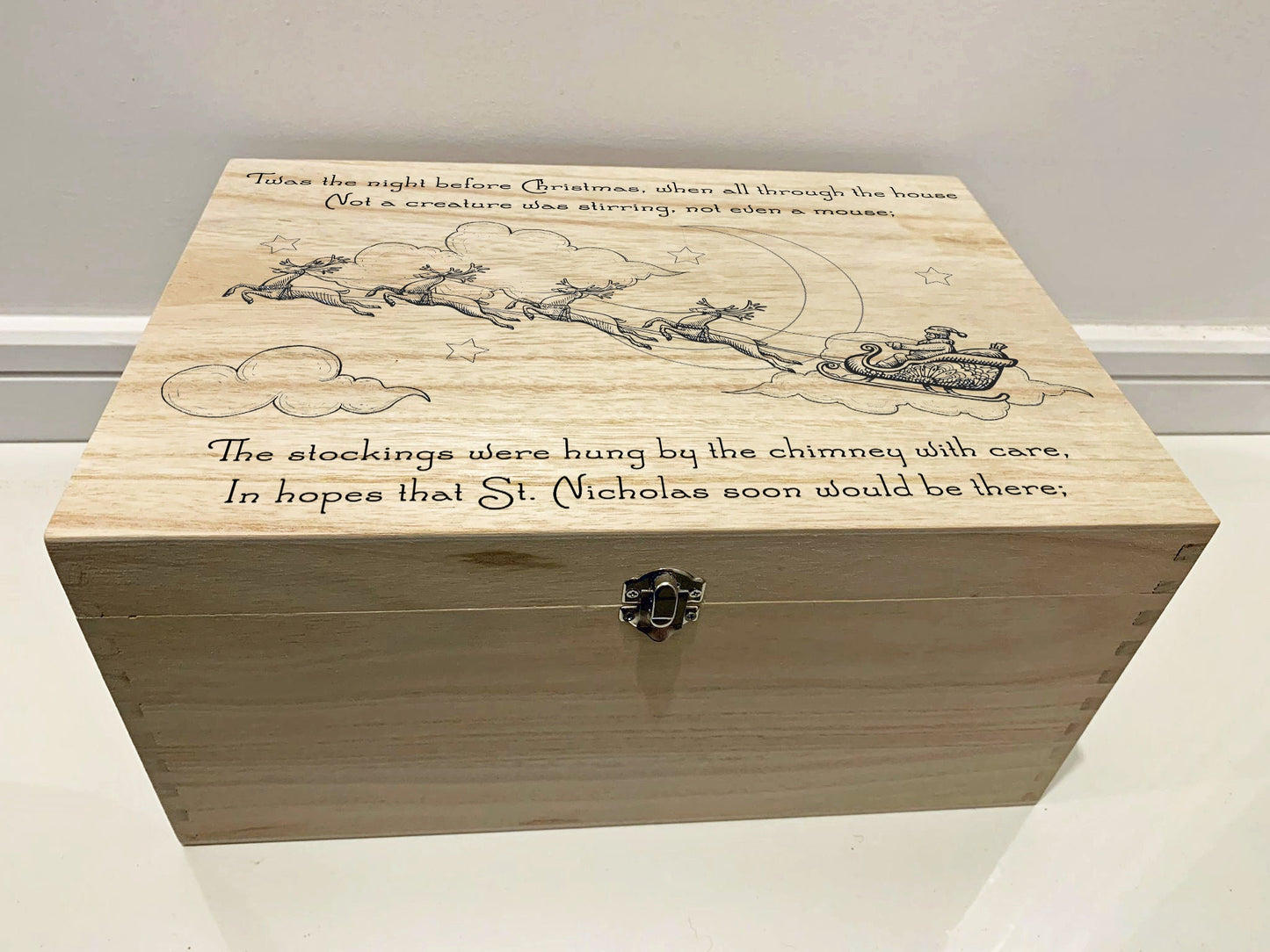 Large Personalised Engraved Wooden Christmas Eve Gift Box, Keepsake Box with Santa's Sleigh, Twas the Night before Christmas - Resplendent Aurora