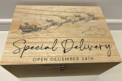 Large Personalised Engraved Wooden Christmas Eve Gift Box, Special Delivery, Santa Sleigh with Reindeer, Keepsake Box, Memory Box - Resplendent Aurora