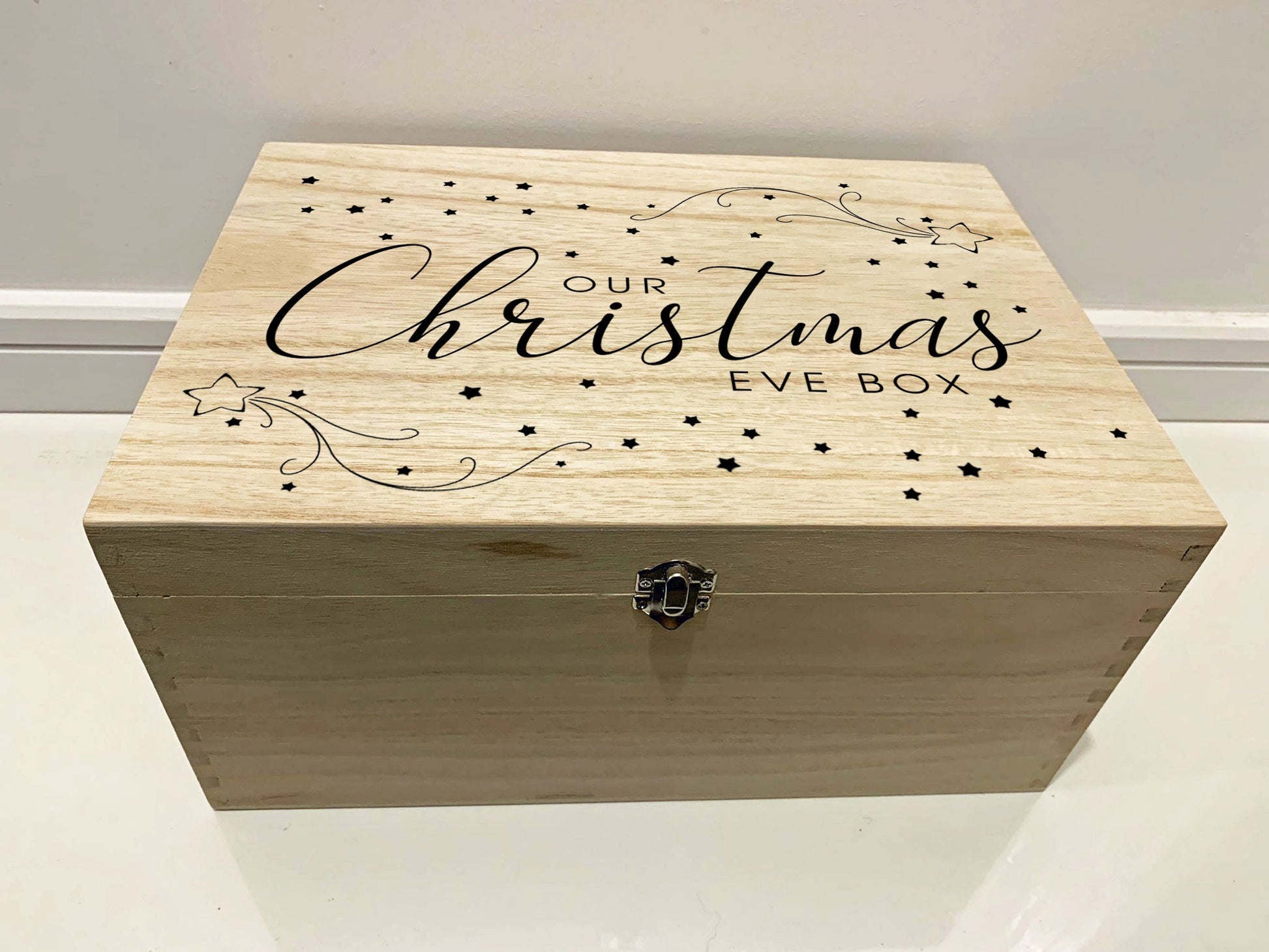 Large Personalised Engraved Wooden Christmas Eve Gift Box, Keepsake Box with Shooting Stars - Resplendent Aurora