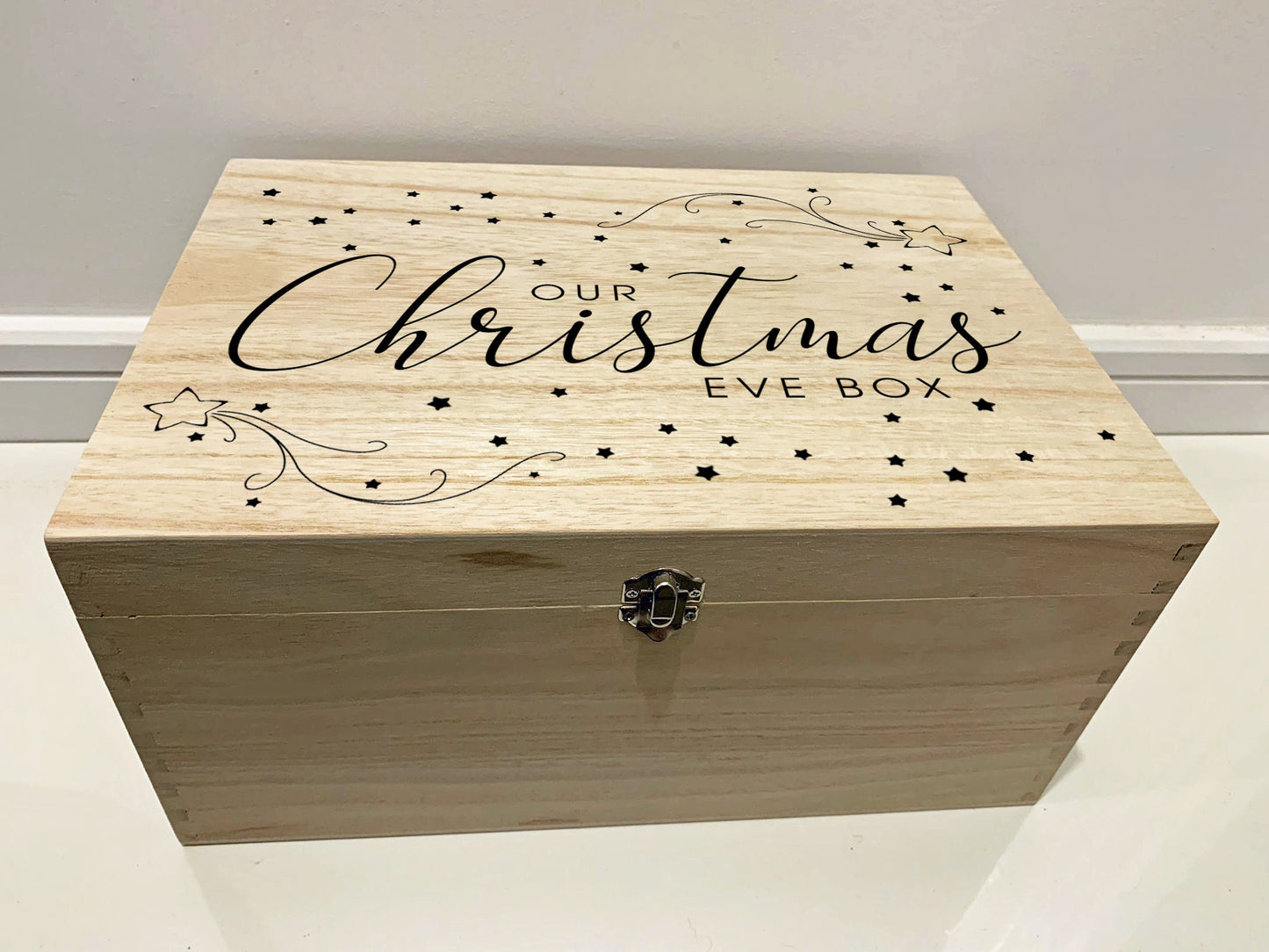 Large Personalised Engraved Wooden Christmas Eve Gift Box, Keepsake Box with Shooting Stars - Resplendent Aurora