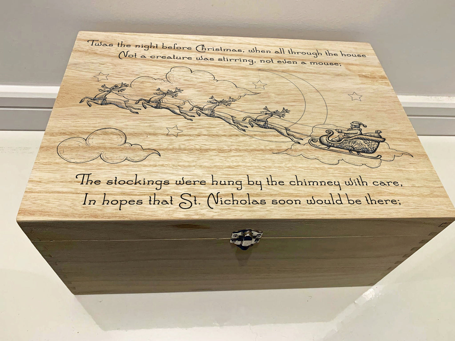 Large Personalised Engraved Wooden Christmas Eve Gift Box, Keepsake Memory Box with Santa's Sleigh, Twas the Night before Christmas - Resplendent Aurora