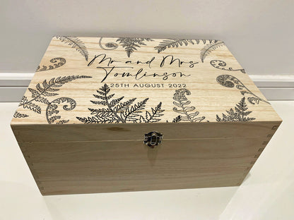 Large Personalised Engraved Wooden Wedding Keepsake Memory Box with Ferns - Resplendent Aurora