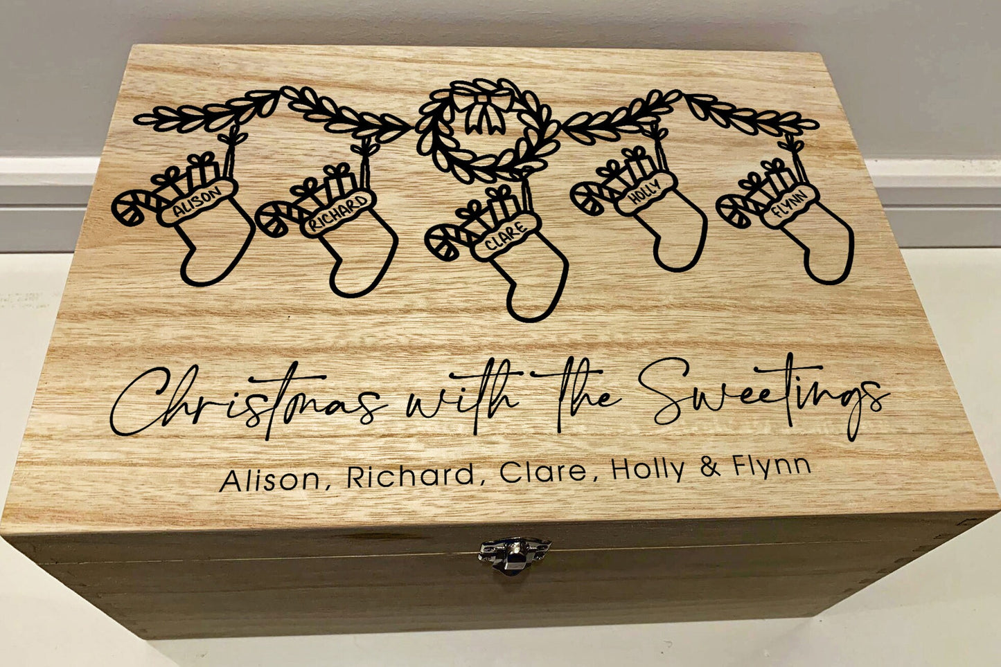 Large Personalised Engraved Wooden Family Christmas Eve Gift Box with Christmas Stockings - Resplendent Aurora