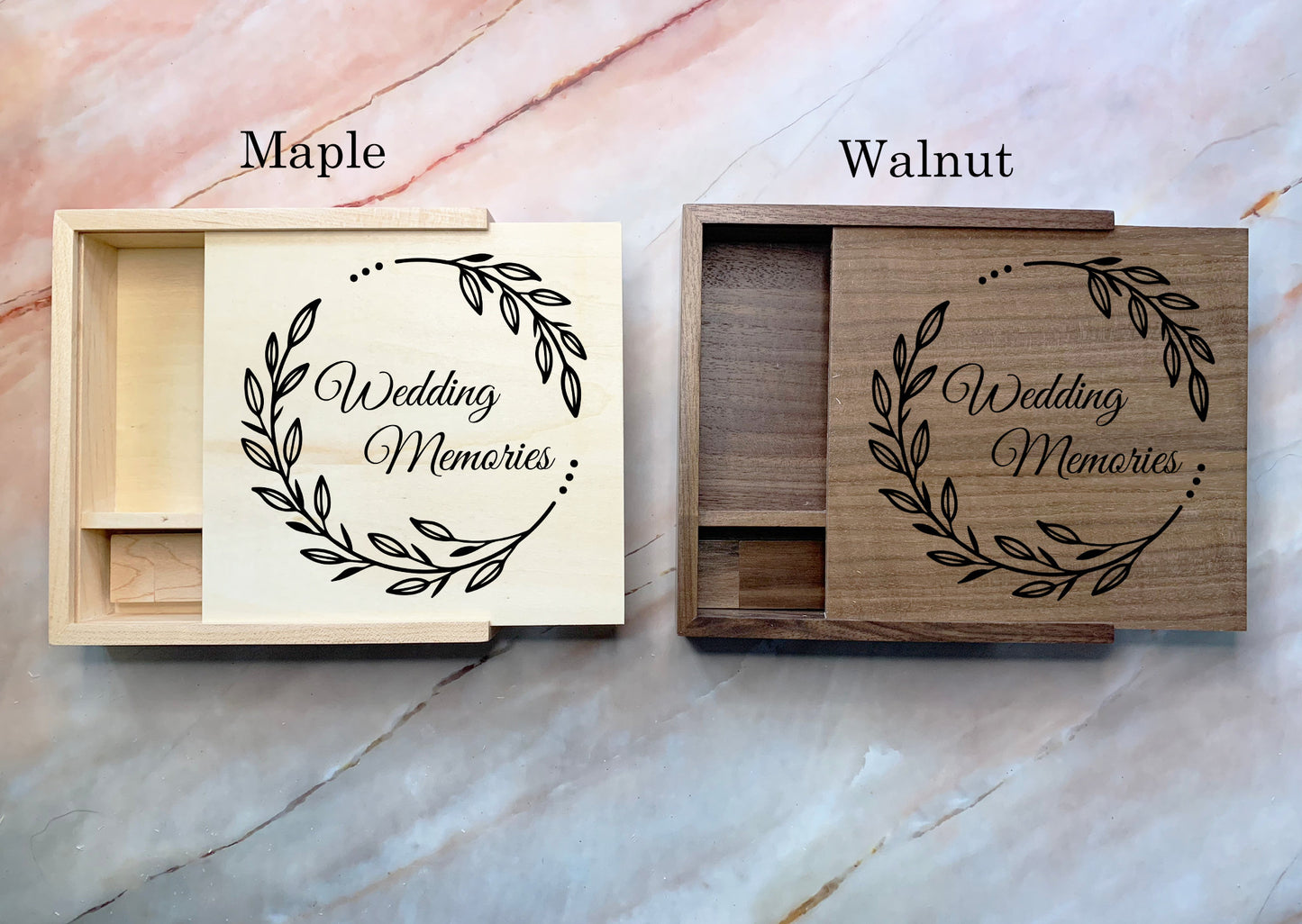 Resplendent Aurora | Personalised Wedding Memories Flash Drive USB Stick With Large Wooden Box in Maple or Walnut, 4GB, 8GB, 16GB, 32GB, 64GB