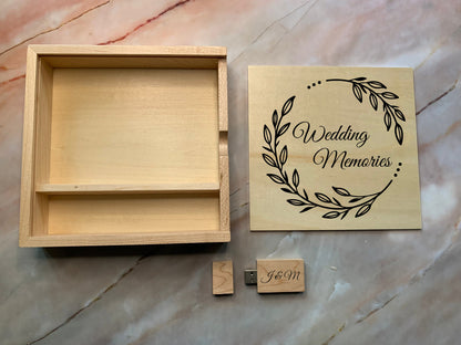 Resplendent Aurora | Personalised Wedding Memories Flash Drive USB Stick With Large Wooden Box in Maple or Walnut, 4GB, 8GB, 16GB, 32GB, 64GB