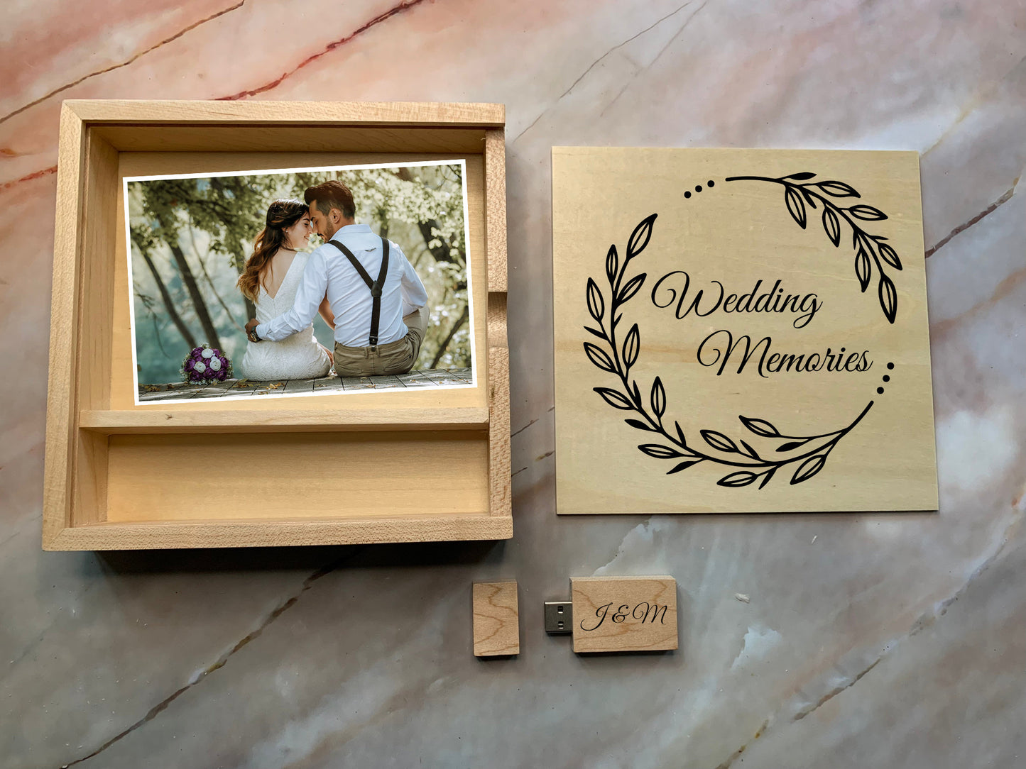 Resplendent Aurora | Personalised Wedding Memories Flash Drive USB Stick With Large Wooden Box in Maple or Walnut, 4GB, 8GB, 16GB, 32GB, 64GB