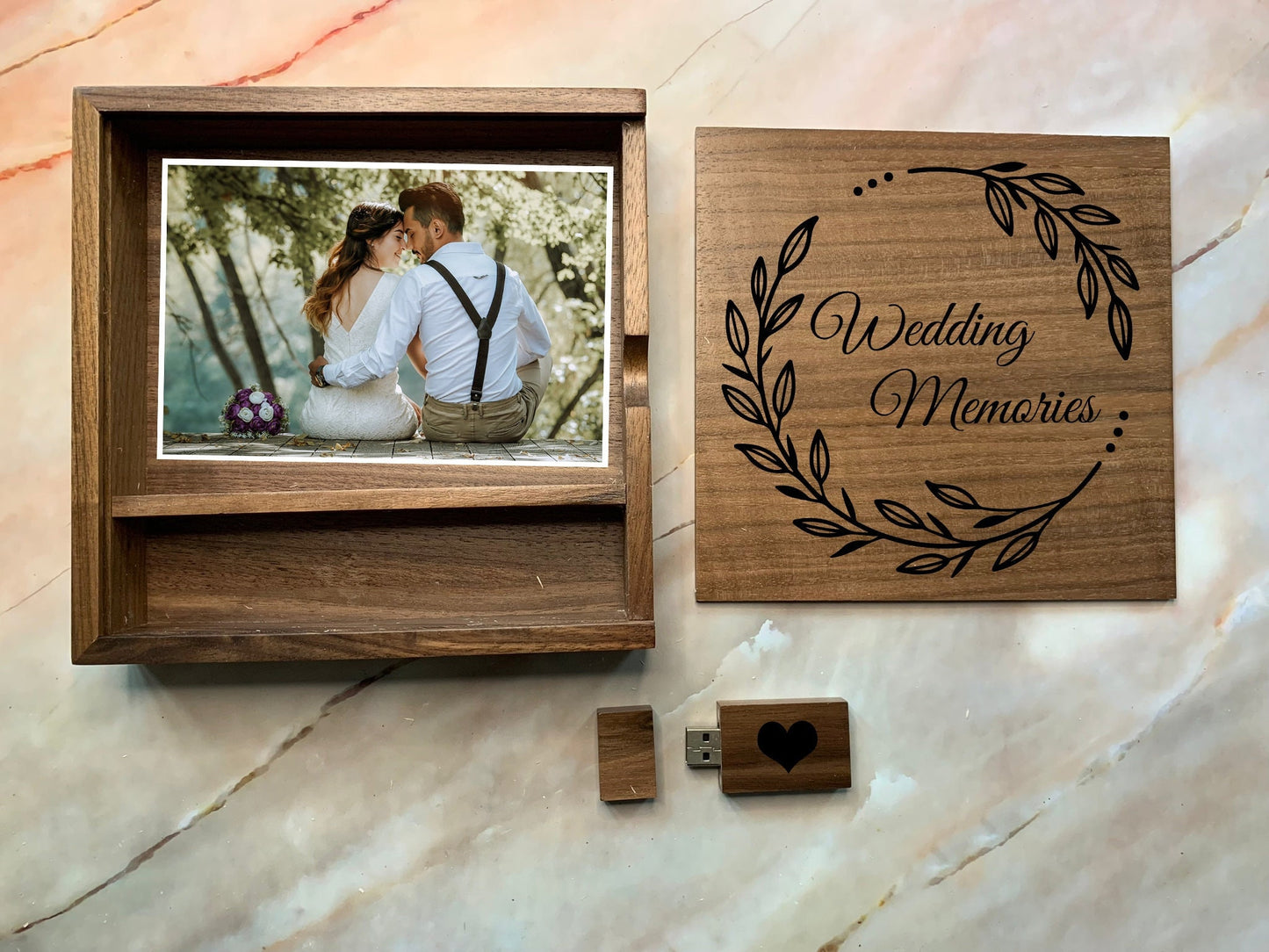 Resplendent Aurora | Personalised Wedding Memories Flash Drive USB Stick With Large Wooden Box in Maple or Walnut, 4GB, 8GB, 16GB, 32GB, 64GB