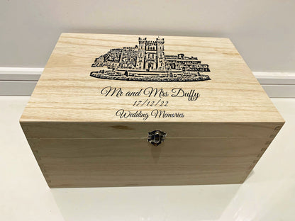 Large Personalised Engraved Wooden Wedding Keepsake Memory Box with Wedding Venue - Resplendent Aurora