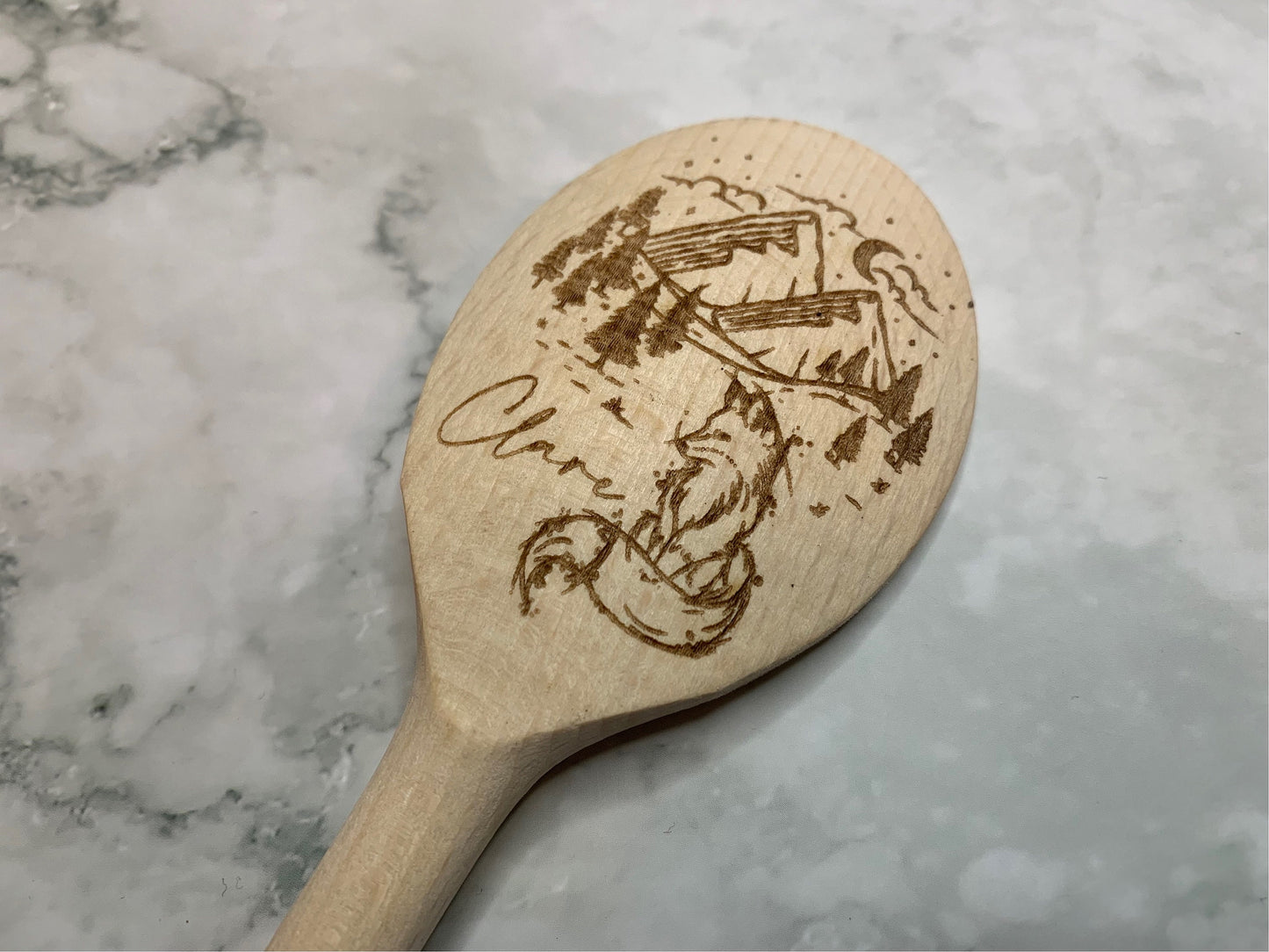 Resplendent Aurora | Personalised Engraved 30cm 12inch Wooden Spoon with Illustrated Fox and Mountains