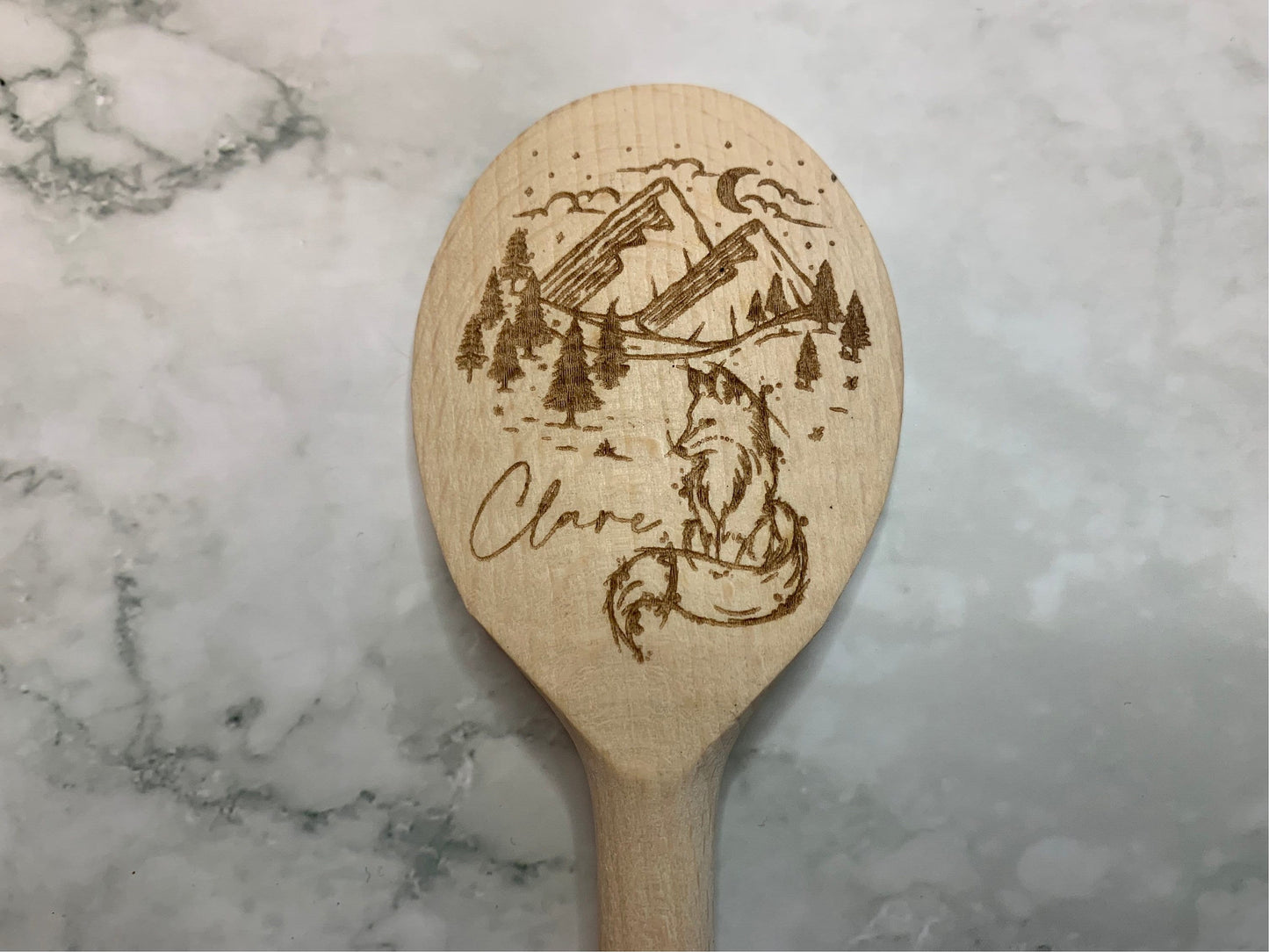 Resplendent Aurora | Personalised Engraved 30cm 12inch Wooden Spoon with Illustrated Fox and Mountains