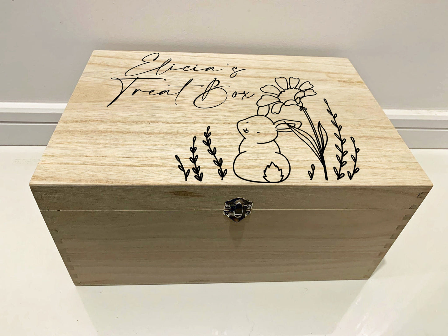 Large Personalised Engraved Wooden Easter Treat Box, Keepsake Box, Memory Box with Bunny in some Flowers - Resplendent Aurora