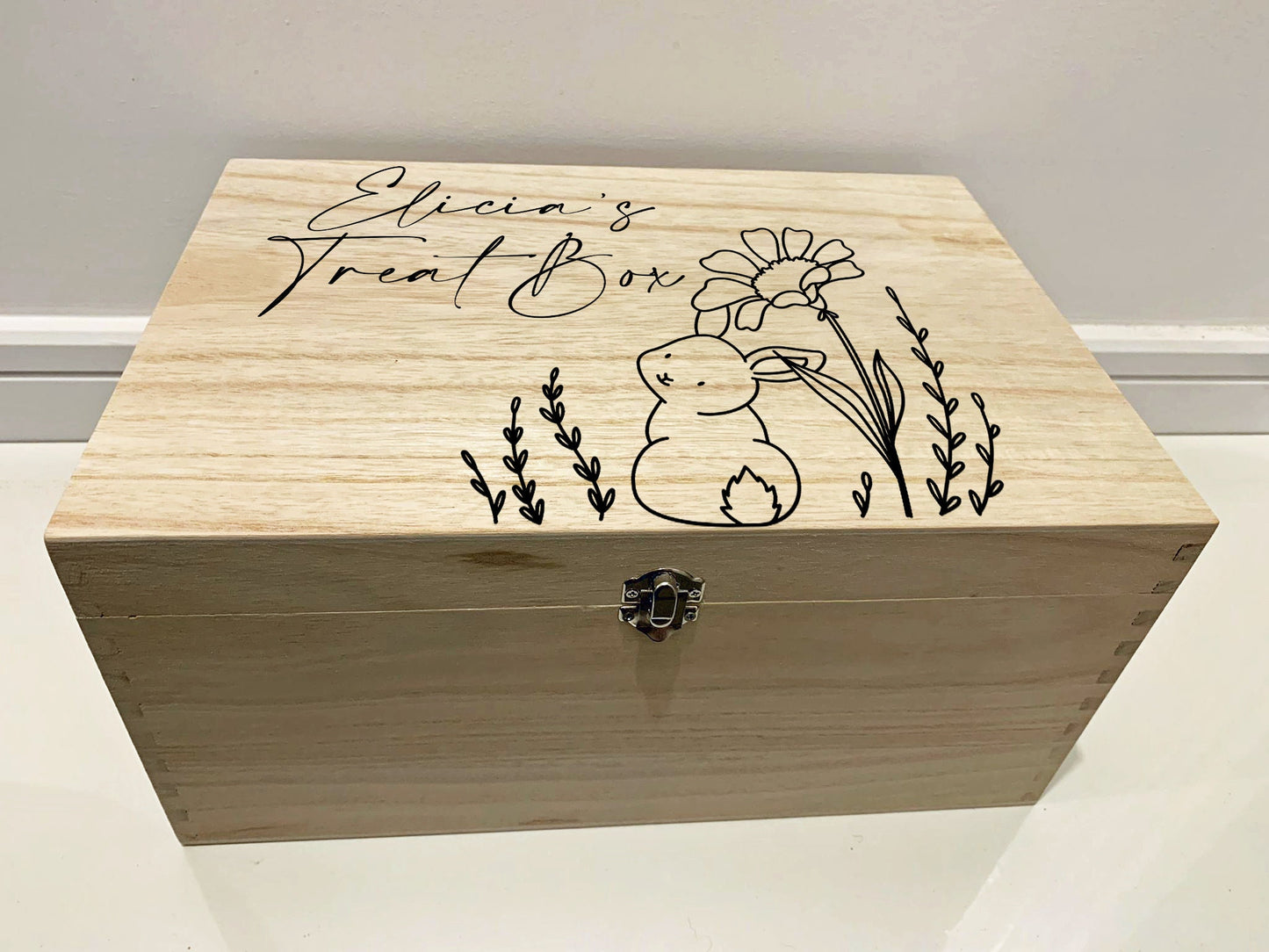Large Personalised Engraved Wooden Easter Treat Box, Keepsake Box, Memory Box with Bunny in some Flowers - Resplendent Aurora